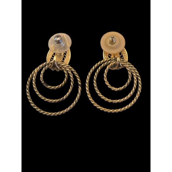 Vintage Triple Hoop Statement Earrings  Twisted Rope Textured Leaf Design - Picture 3 of 4